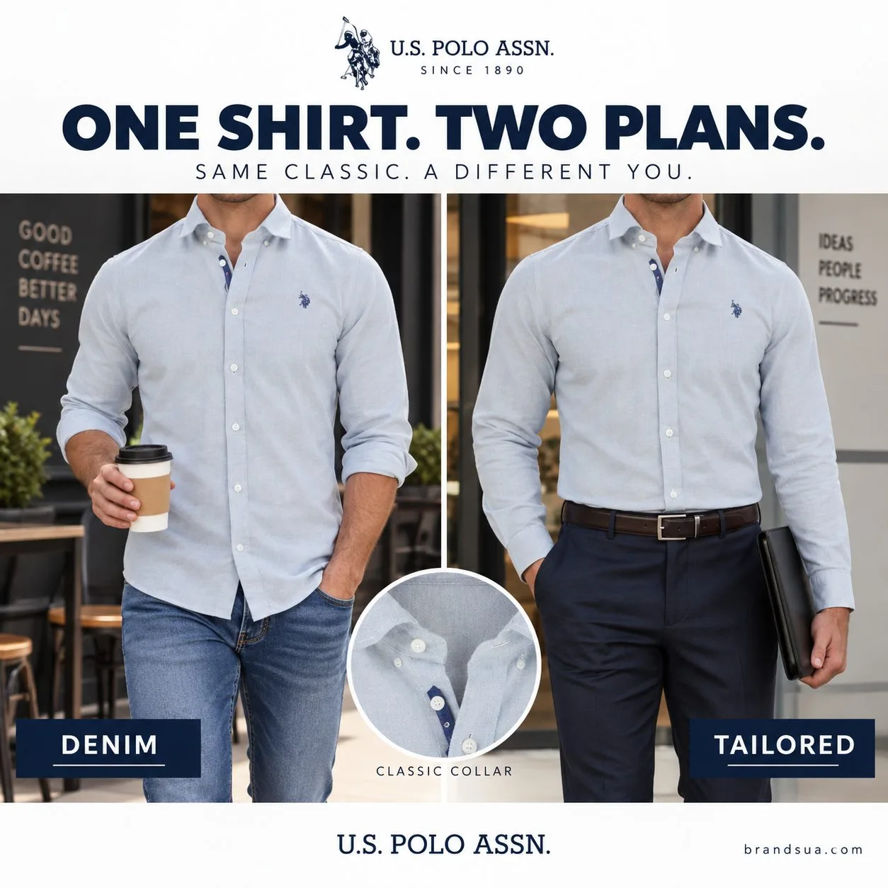 U.S POLO ASSAN Classic Shirt — ONE SHIRT. TWO PLANS.; Two neck-down worn looks: adult rolling same shirt cuff above jeans wh…