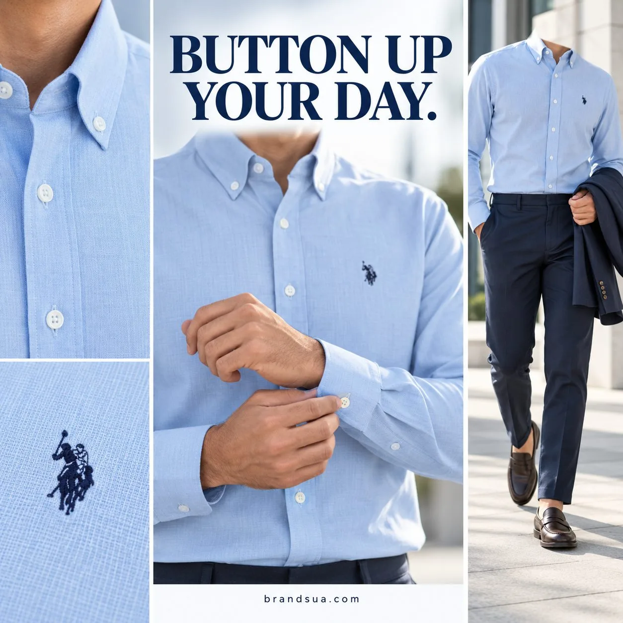 U.S POLO For men- winter — Three vertical editorial rhythm panels, largest middle: cropped adult fastening baby-blue cuff be…