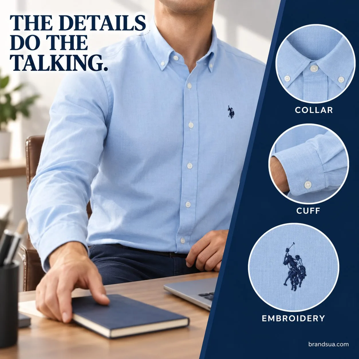 U.S POLO For men- winter — Adult seated at desk reaching for plain notebook in exact shirt, chest and buttoned collar clear.…