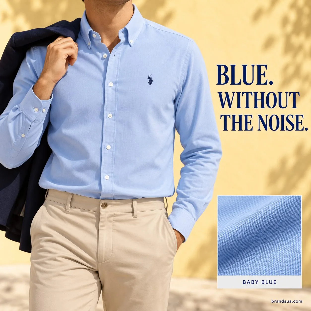 U.S POLO For men- winter — Street-editorial adult torso in exact baby-blue shirt tucked into sand trousers, taking a jacket…